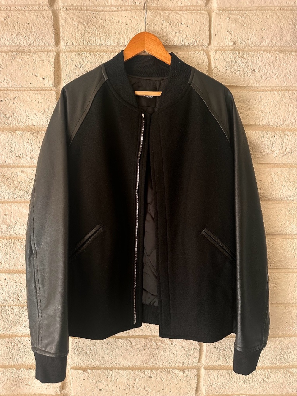 Theory Voedar Leather & Wool Cashmere Hybrid Bomber Jacket Sz XL